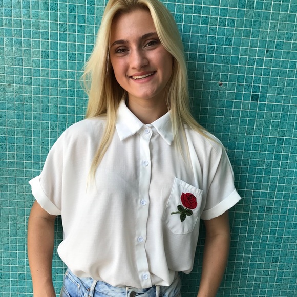 White Collard Top with Rose Embroidered - Picture 5 of 6